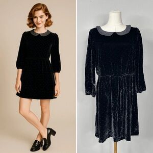 Alexa Chung for Madewell Black Velvet Peter Pan Collar Mini Dress Polka Dot XS